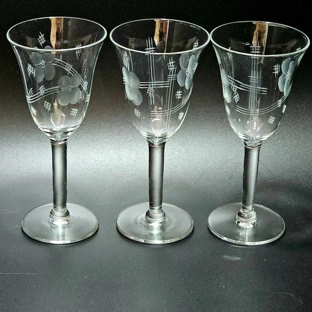3 Art Deco Etched Crystal Cocktail Glasses 5" vtg hashtag floral drinkware 90s - Picture 3 of 5
